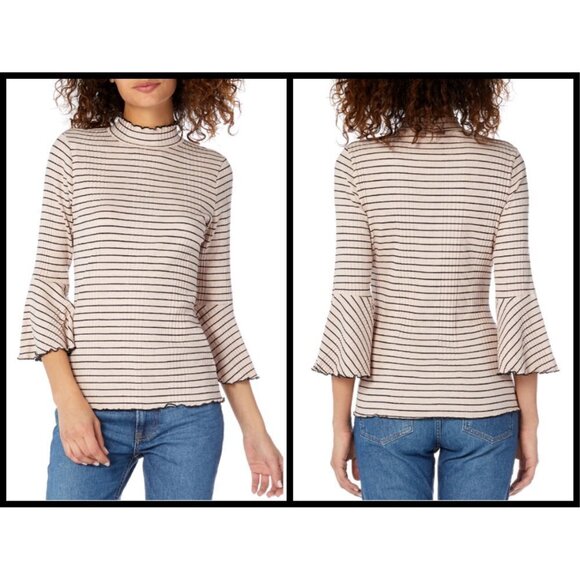 💕MICHAEL STARS💕 Rachel Stripe Mock Neck Top ~ Whisper Striped 90s Lettuce Edge - Picture 1 of 10